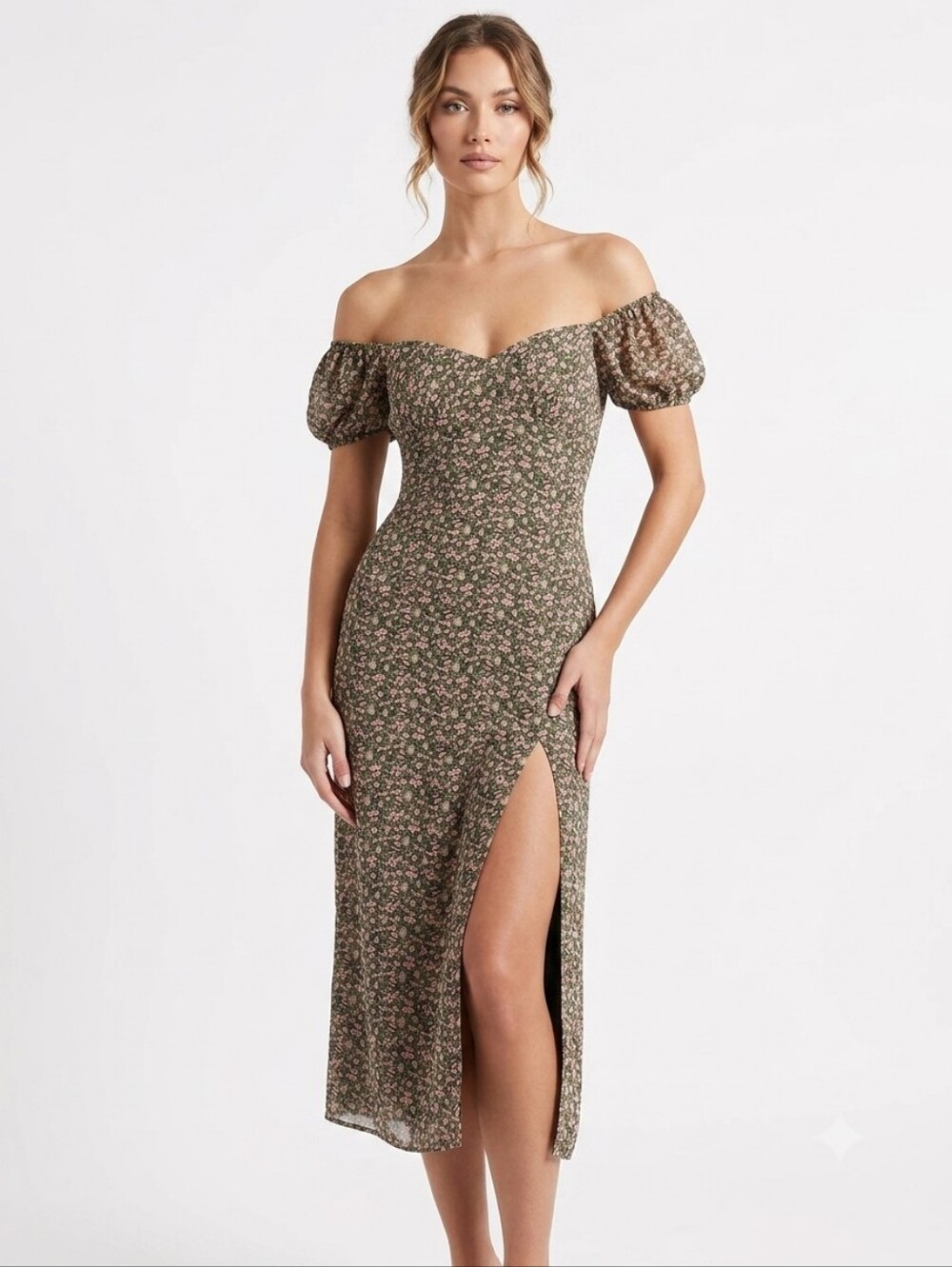 NWT Missguided Cottagecore Floral Midi Dress Puff Sleeve Side Slit Pink Green 8